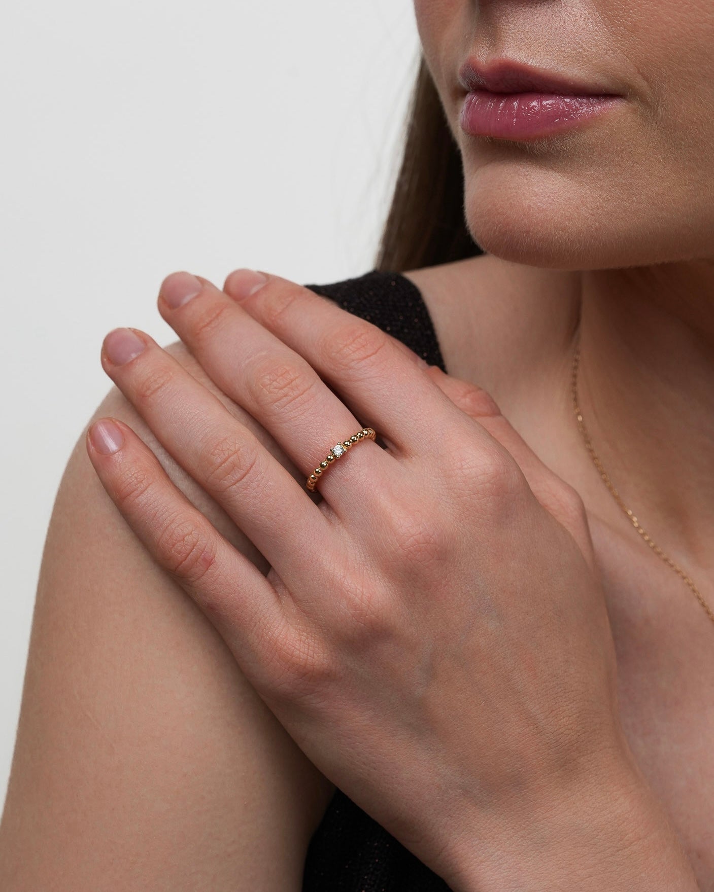 18k gold plated beaded band ring with cubic zirconia, refined minimalist gold ring for everyday wear