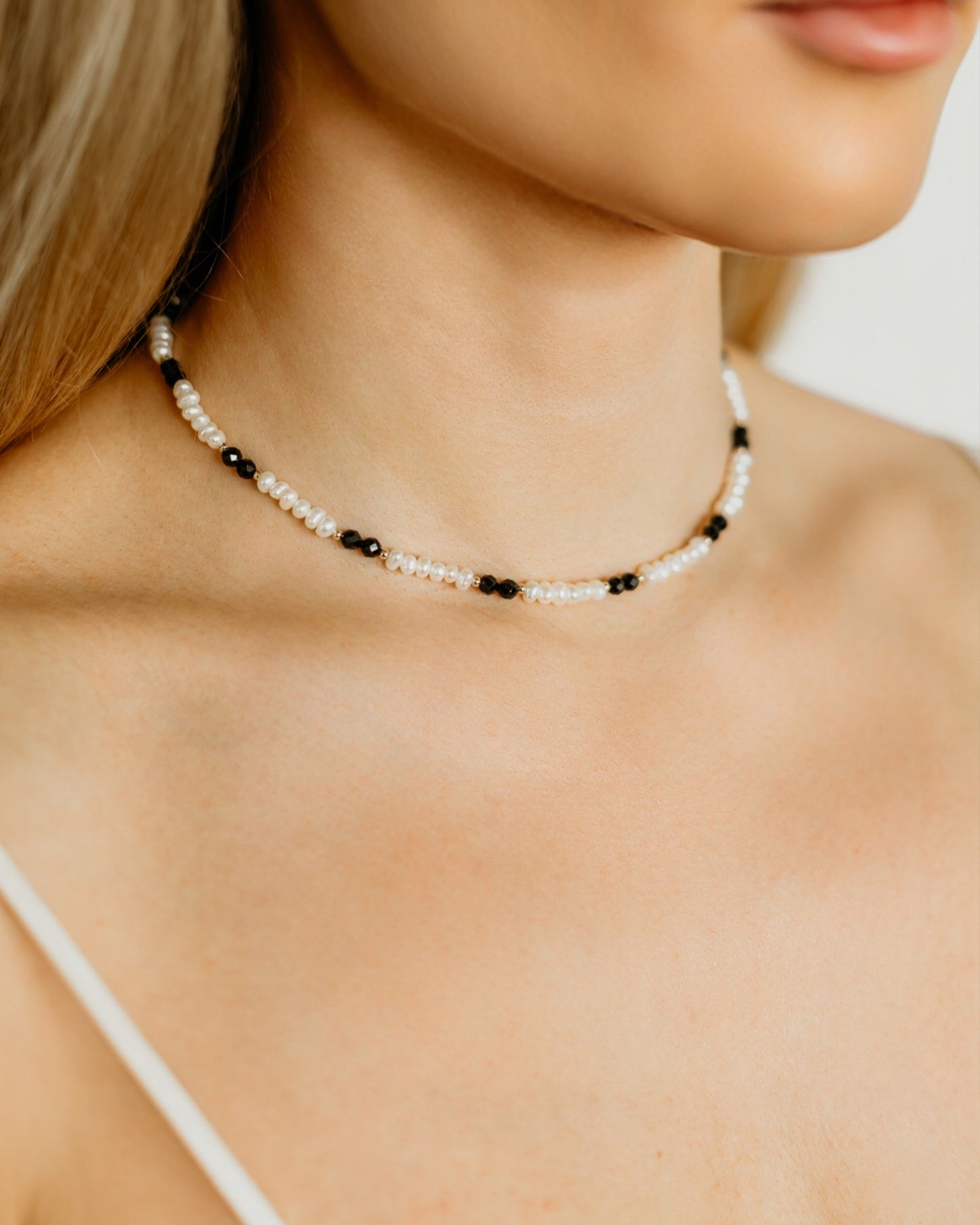Noir | White Pearl & Black Gemstone Necklace