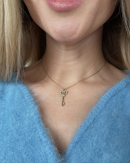 Close-up of a person wearing a gold necklace with a key pendant, set against a blurred background.