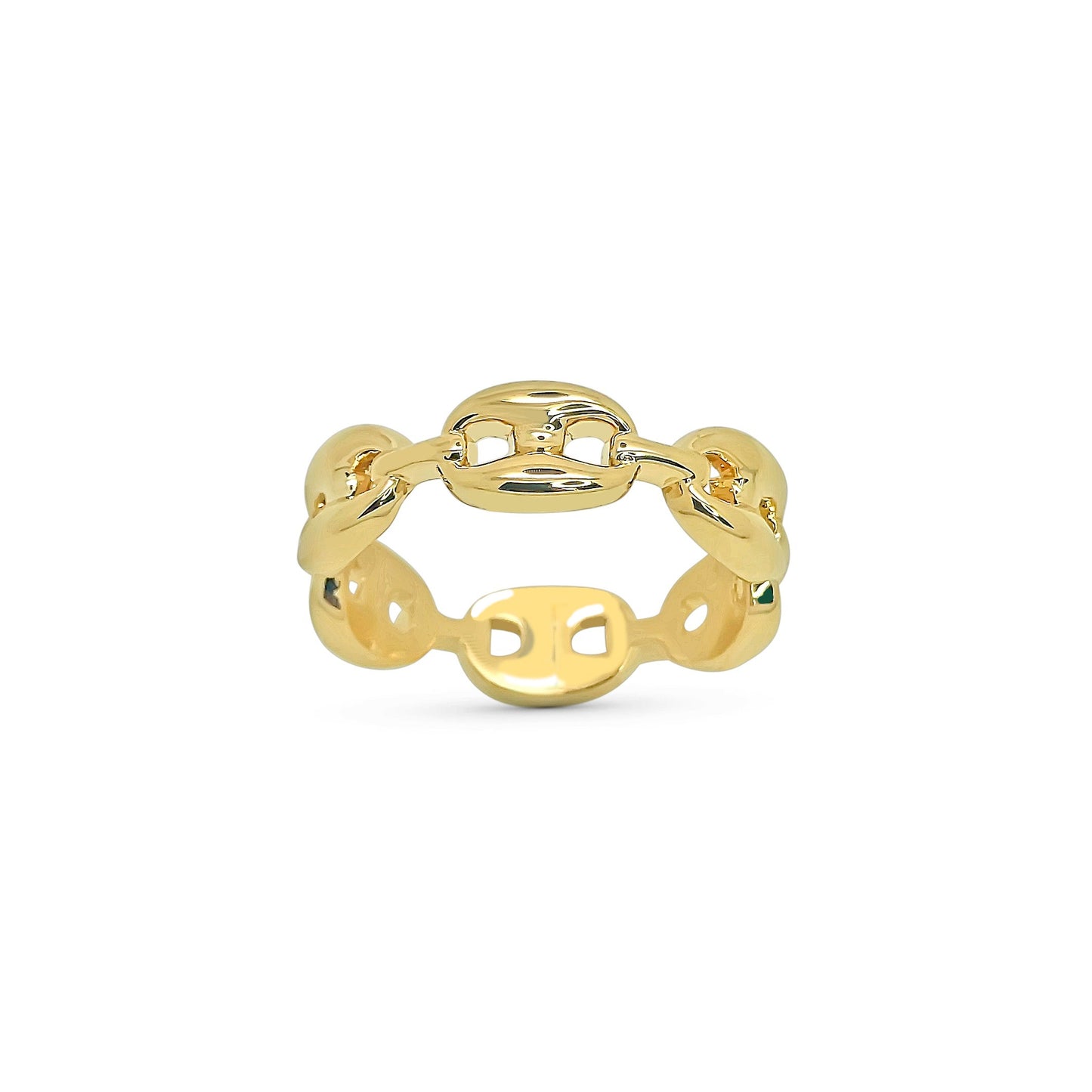 Gold chain-link ring on a white background