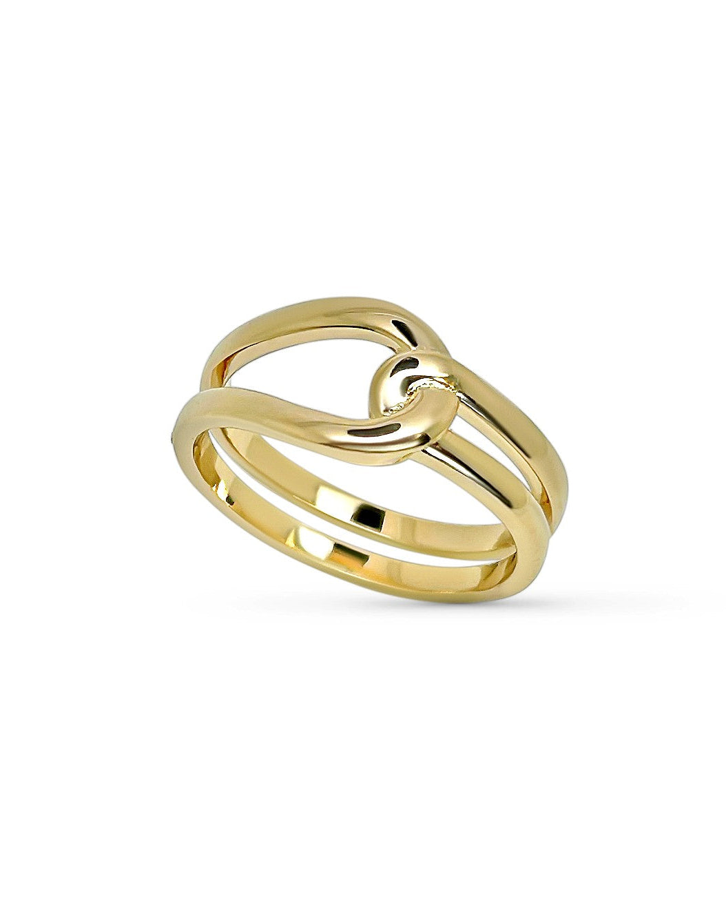 Gold ring with a unique design on a white background