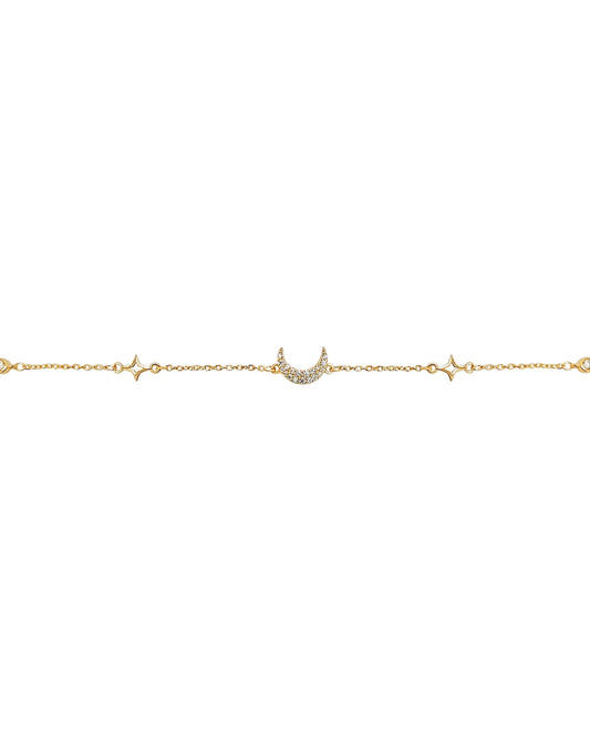 Gold bracelet with star and moon designs. with Cubic Zirconia
