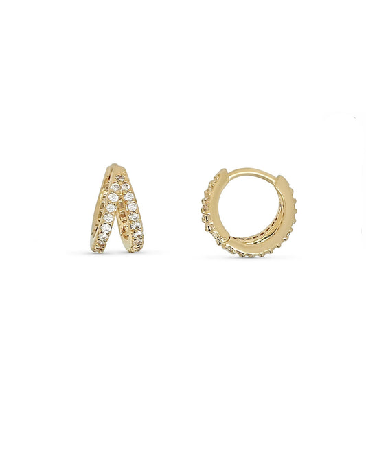 Gold hoop earrings with embedded stones on a white background