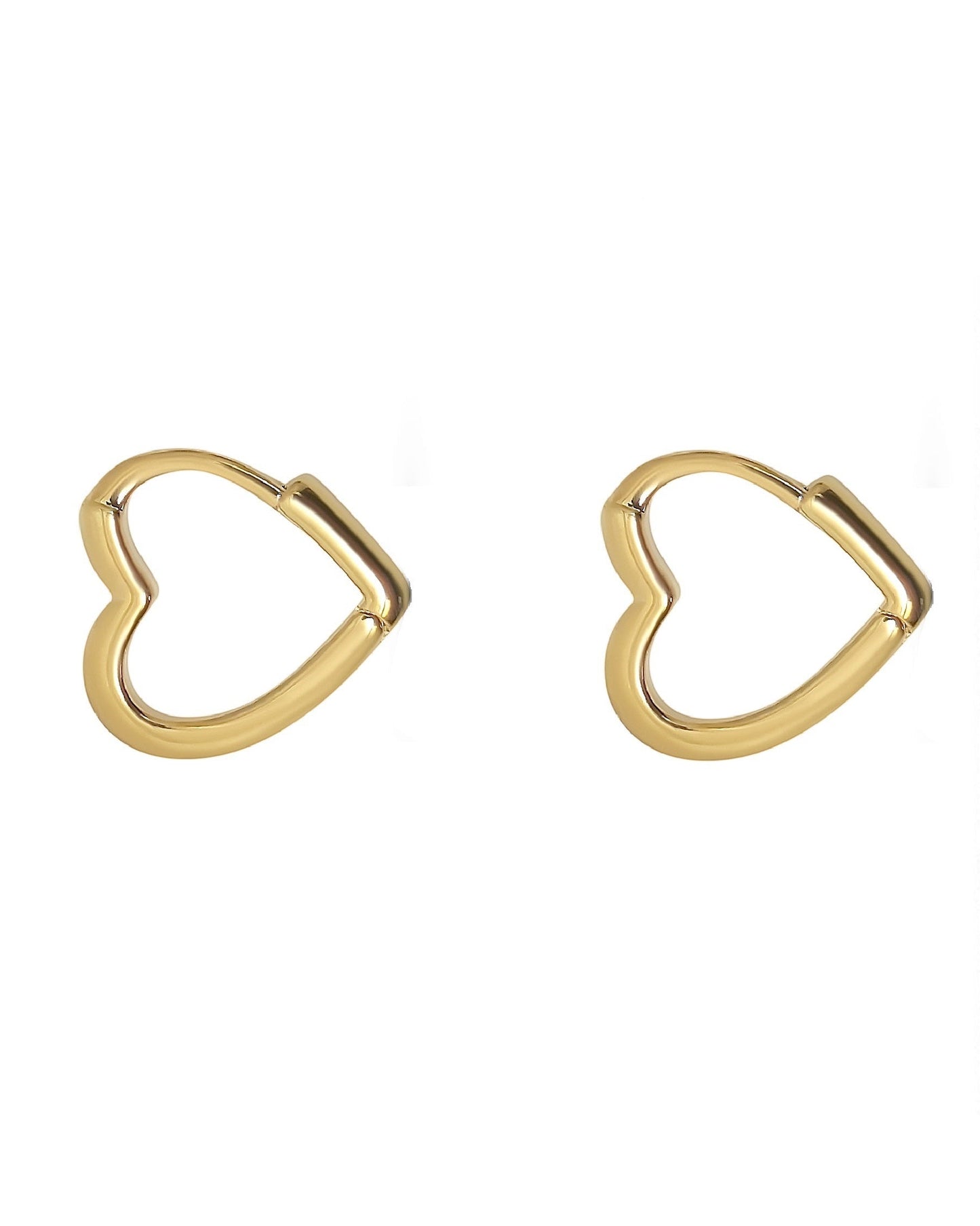 Gold heart-shaped hoop earrings on a white background
