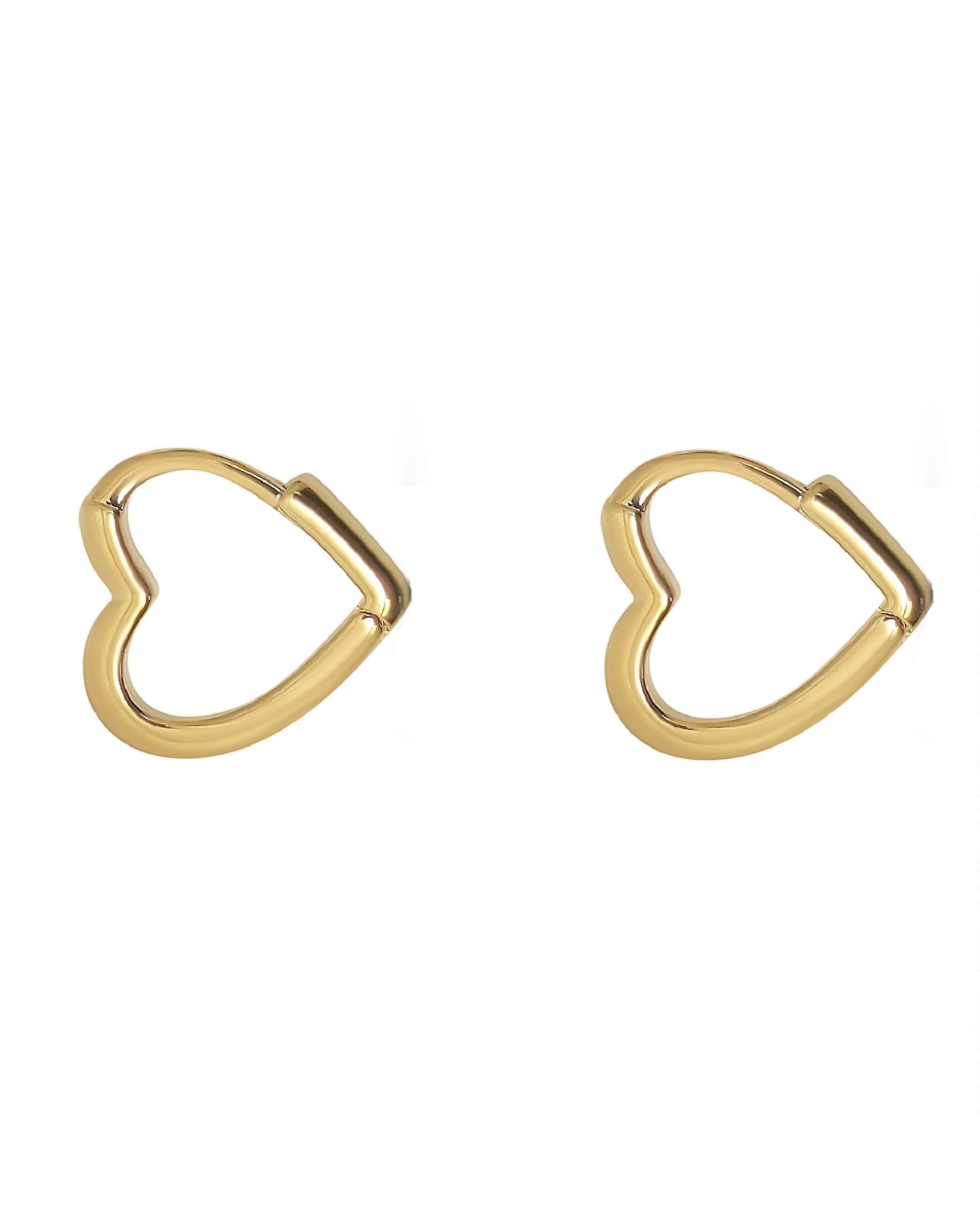 Gold heart-shaped hoop earrings on a white background