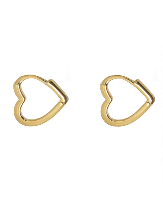 Gold heart-shaped hoop earrings on a white background