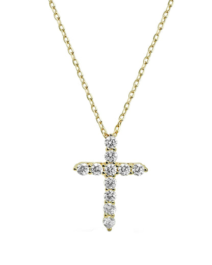 Gold necklace with a diamond cross pendant on a white background