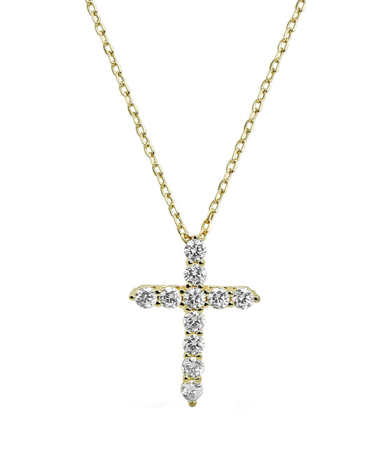 Gold necklace with a diamond cross pendant on a white background