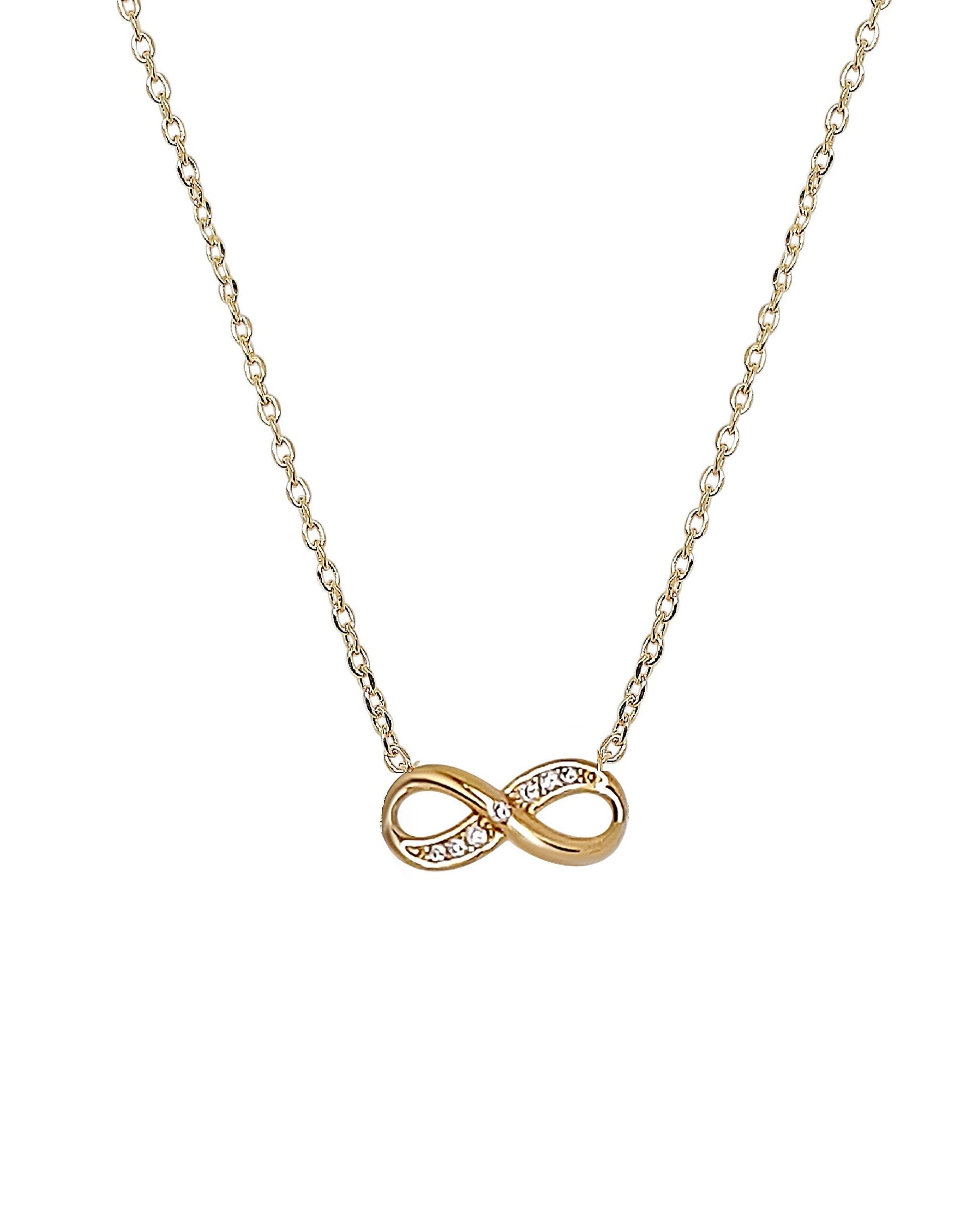 Gold infinity necklace with a measurement scale on a white background