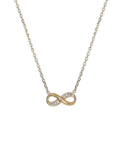 Gold infinity necklace with a measurement scale on a white background