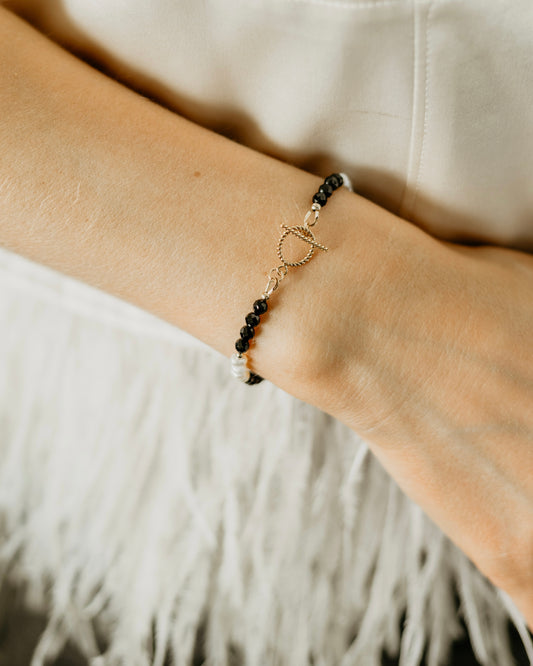 Noir | White Pearl & Black Gemstone Bracelet