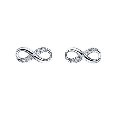 Pair of silver infinity symbol earrings on a white background