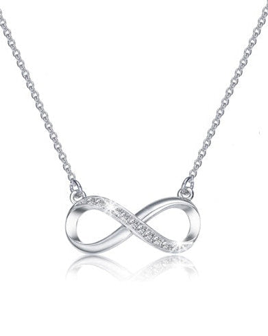 Silver infinity necklace on a white background with cubic zirconia stones