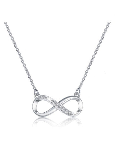 Silver infinity necklace on a white background with cubic zirconia stones