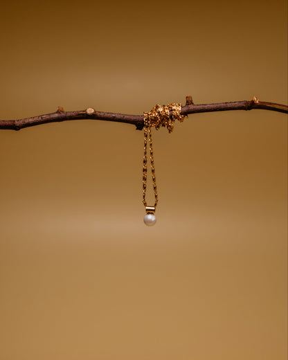 Gold necklace with a pearl pendant hanging from a branch against a brown background
