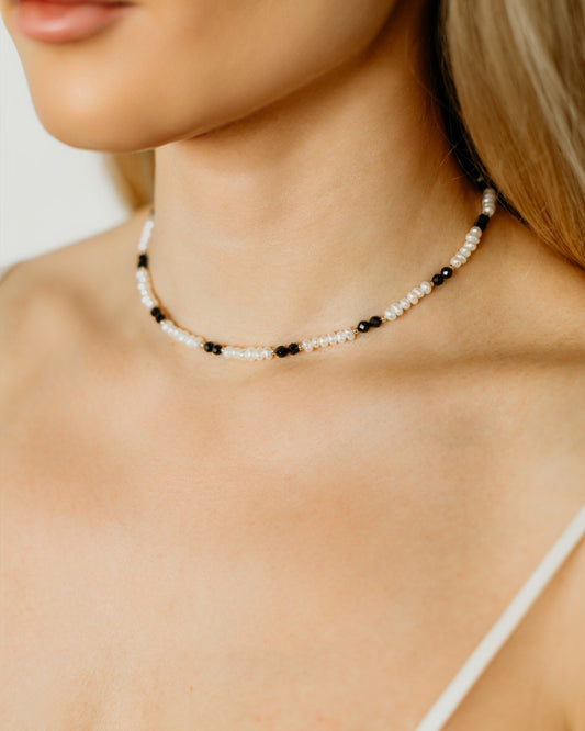 Noir | White Pearl & Black Gemstone Necklace