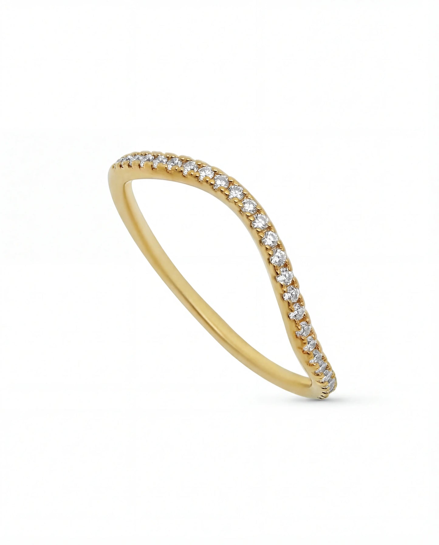 Gold plated band ring with clear  cubic zirconia stones, thin minimalist jewelry design