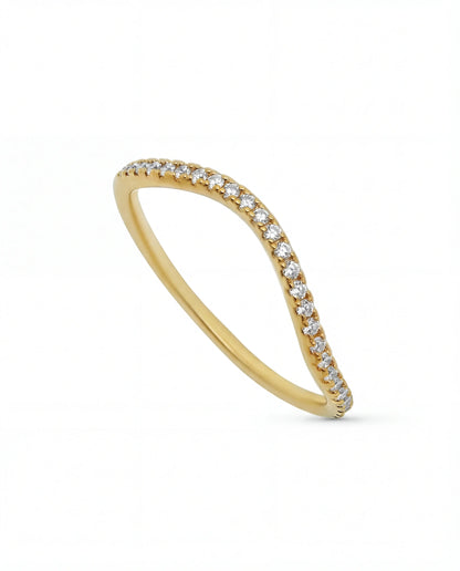 Gold plated band ring with clear  cubic zirconia stones, thin minimalist jewelry design
