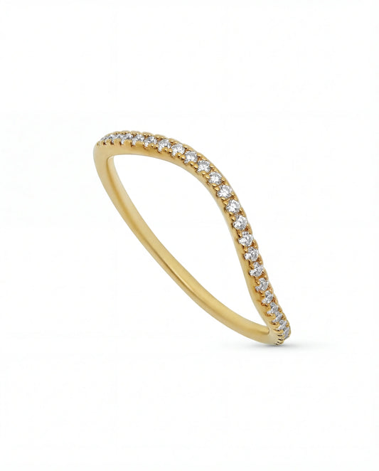 Gold plated band ring with clear  cubic zirconia stones, thin minimalist jewelry design