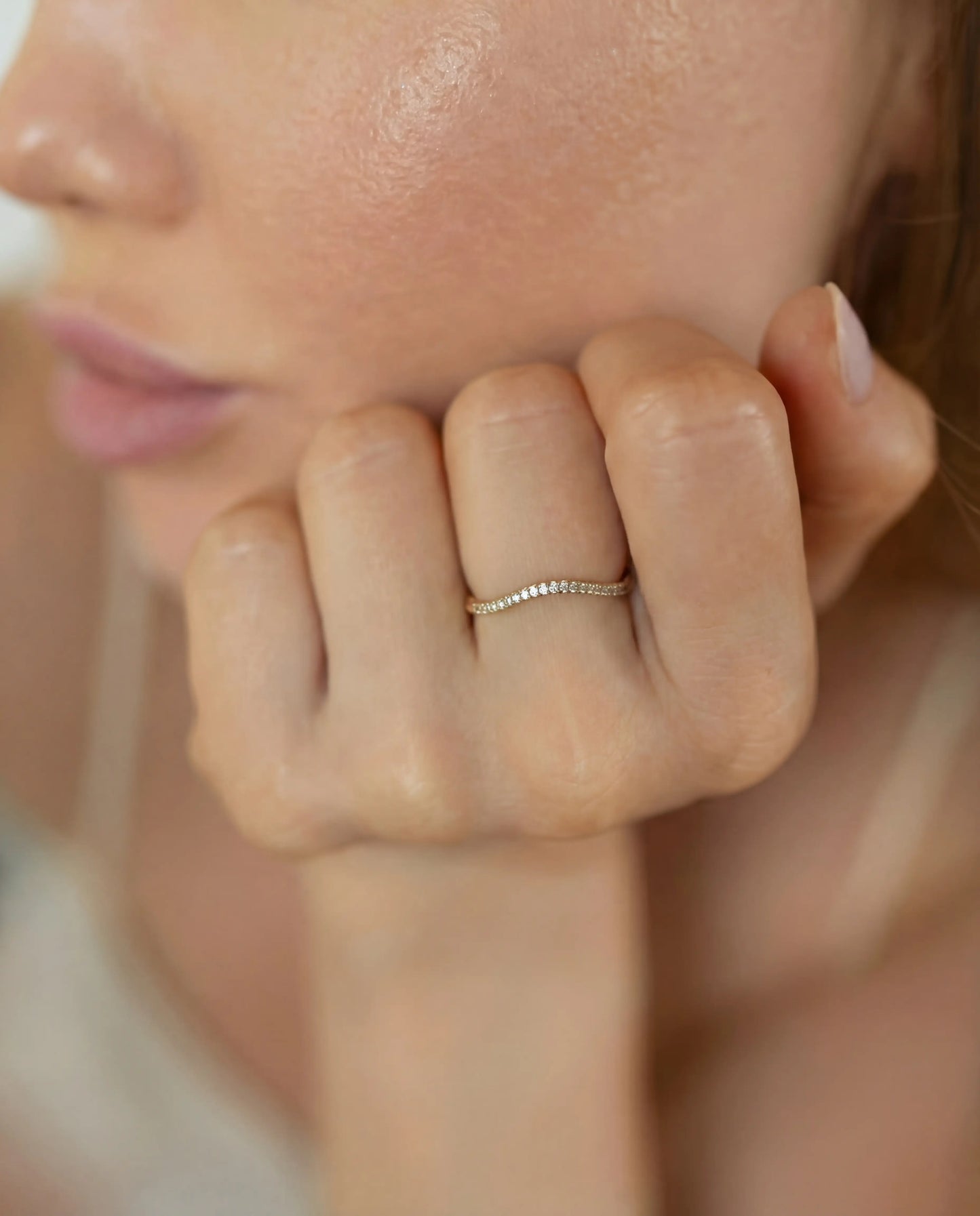 Thin gold plated band ring with clear cubic zirconia stones, delicate minimalist jewelry