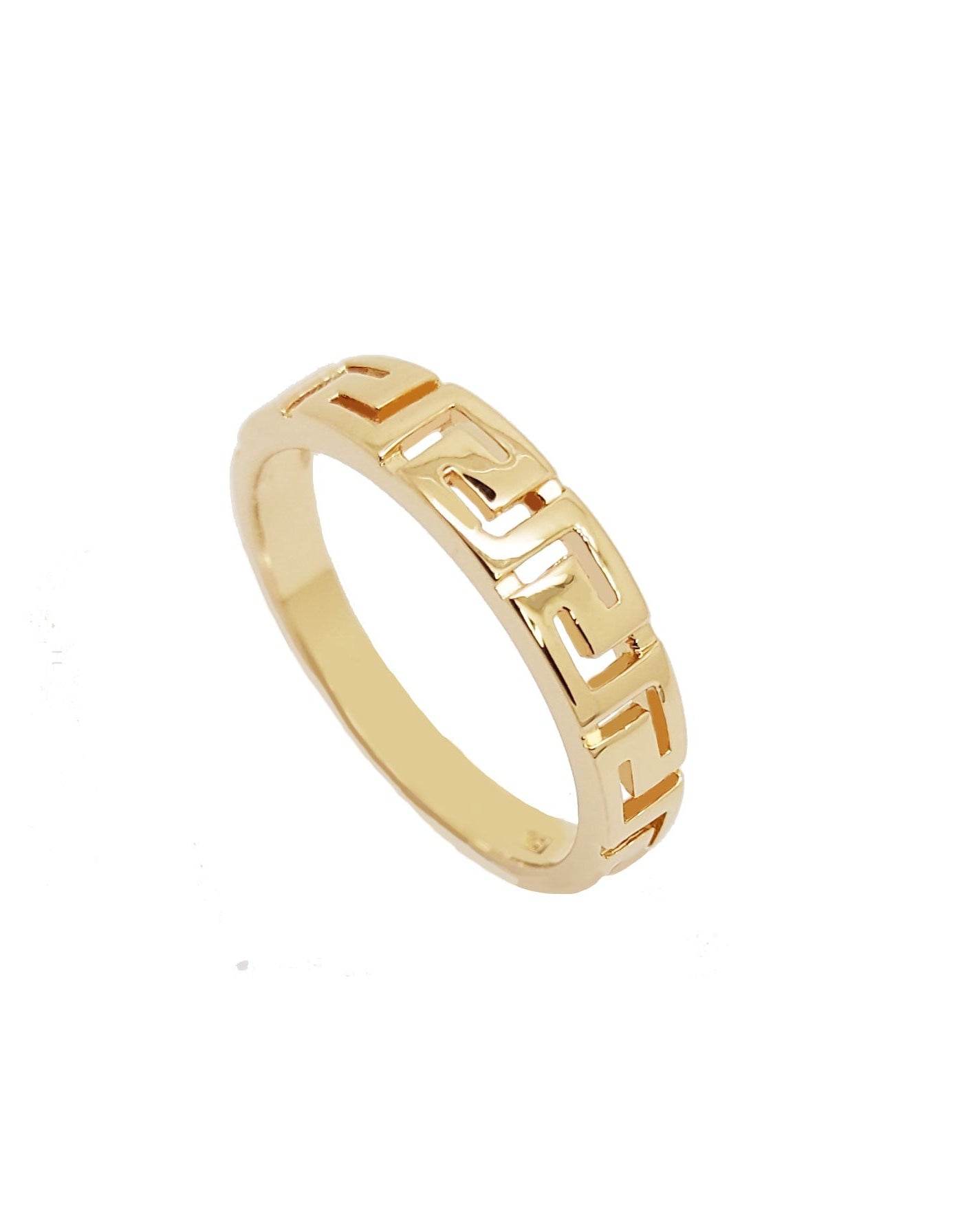 Gold-plated ring with geometric cut-out pattern on a neutral background