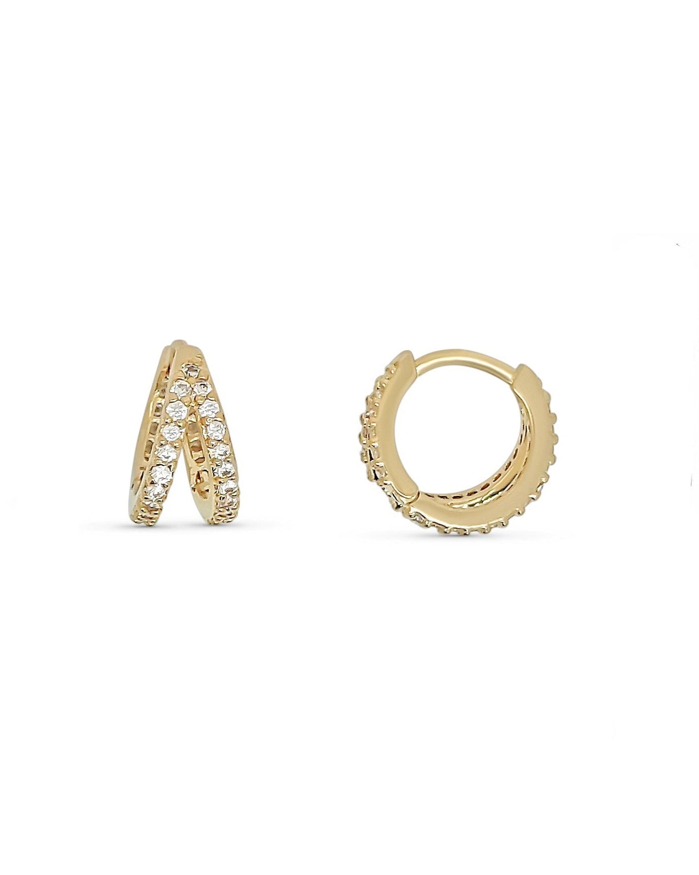 Diana huggie earrings in gold plating with pavé stones, front and side view on white background.