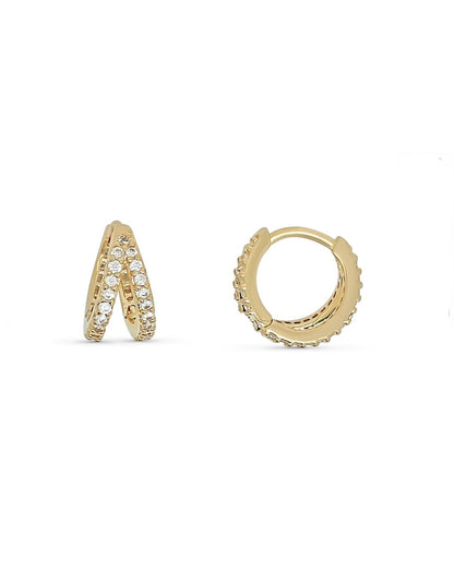 Diana huggie earrings in gold plating with pavé stones, front and side view on white background.