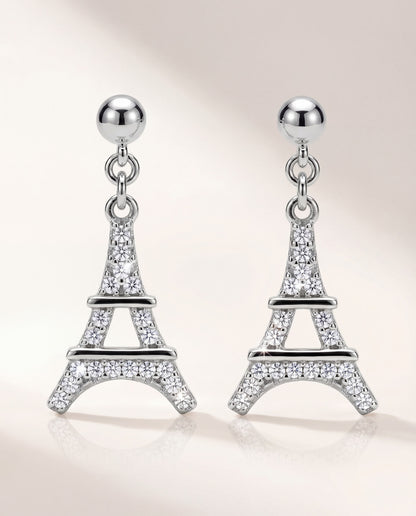 Eiffel Tower dangle earrings in 925 sterling silver with rhodium plating and cubic zirconia, front view