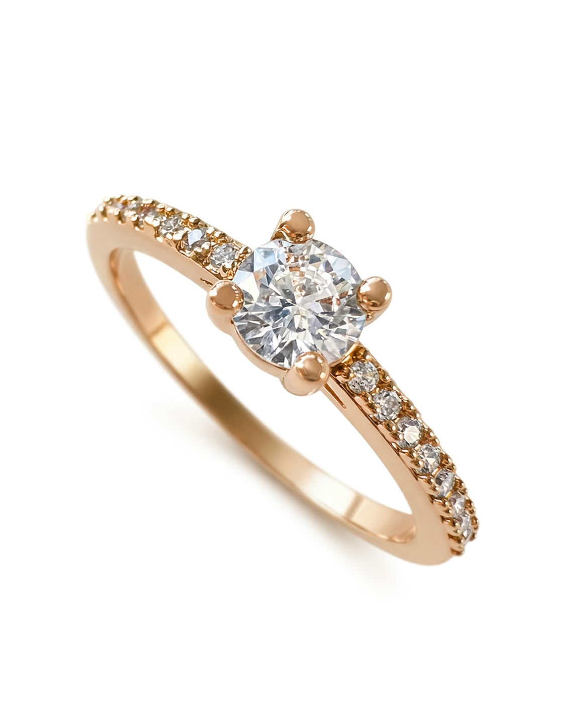 Gold plated solitaire ring with round cubic zirconia and pavé-set band on white background