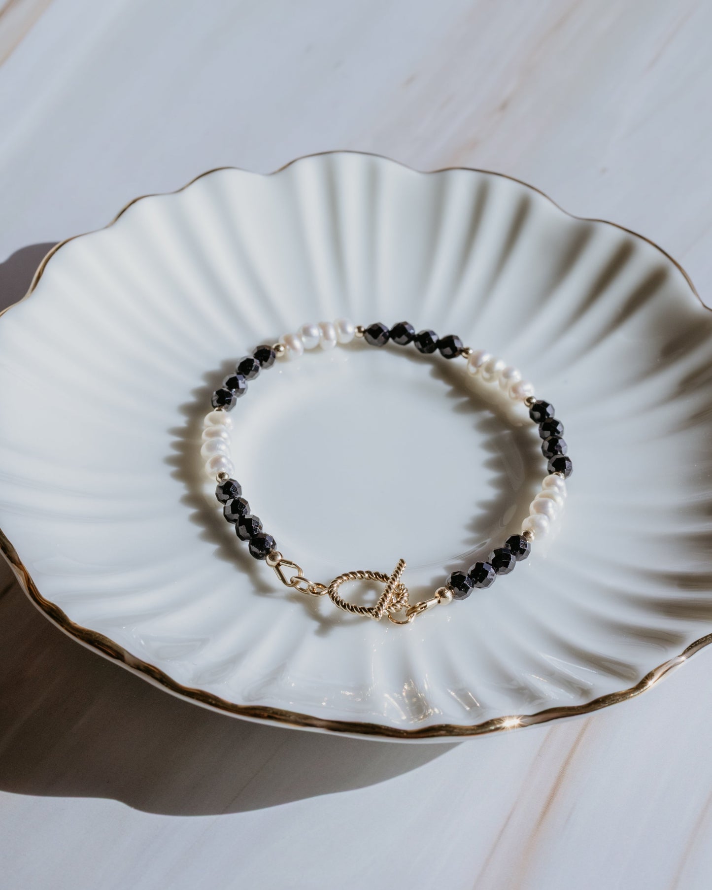 Noir | White Pearl & Black Gemstone Bracelet