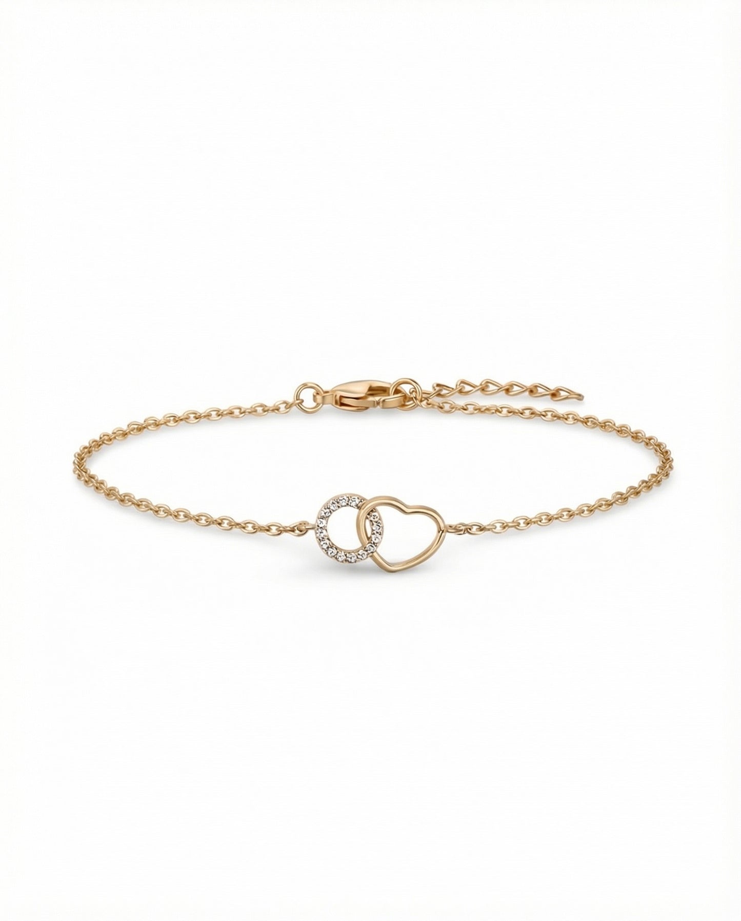 Gold plated heart bracelet with cubic zirconia charm and interlinked circle detail on white background