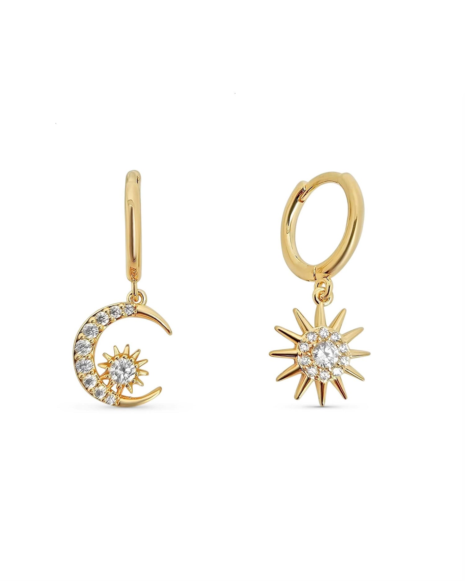 Gold plated hoop earrings Muna with moon and sun charms and cubic zirconia on white background
