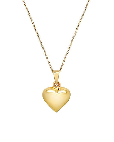 Gold heart-shaped pendant on a chain against a white background