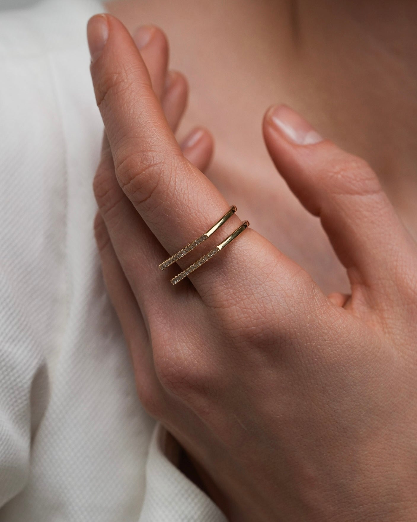 Gold double line ring with cubic zirconia – modern geometric gold plated ring