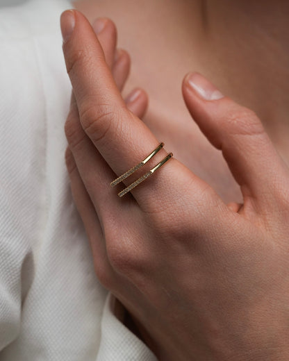 Gold double line ring with cubic zirconia – modern geometric gold plated ring