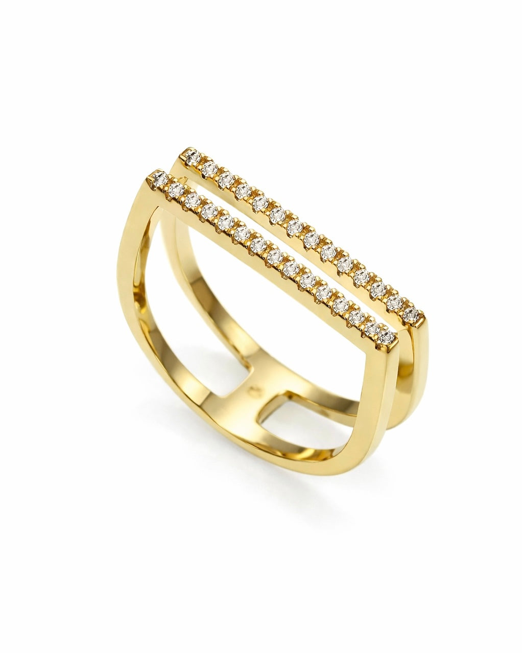 Gold bar ring with cubic zirconia in 18K gold plating – double line geometric design on white background