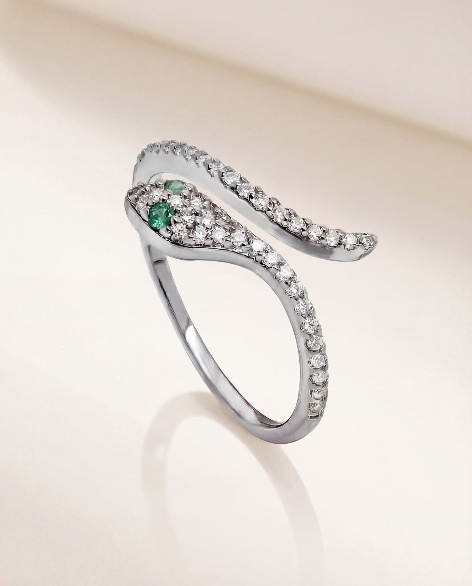 sterling silver snake ring with cubic zirconia for women on white background